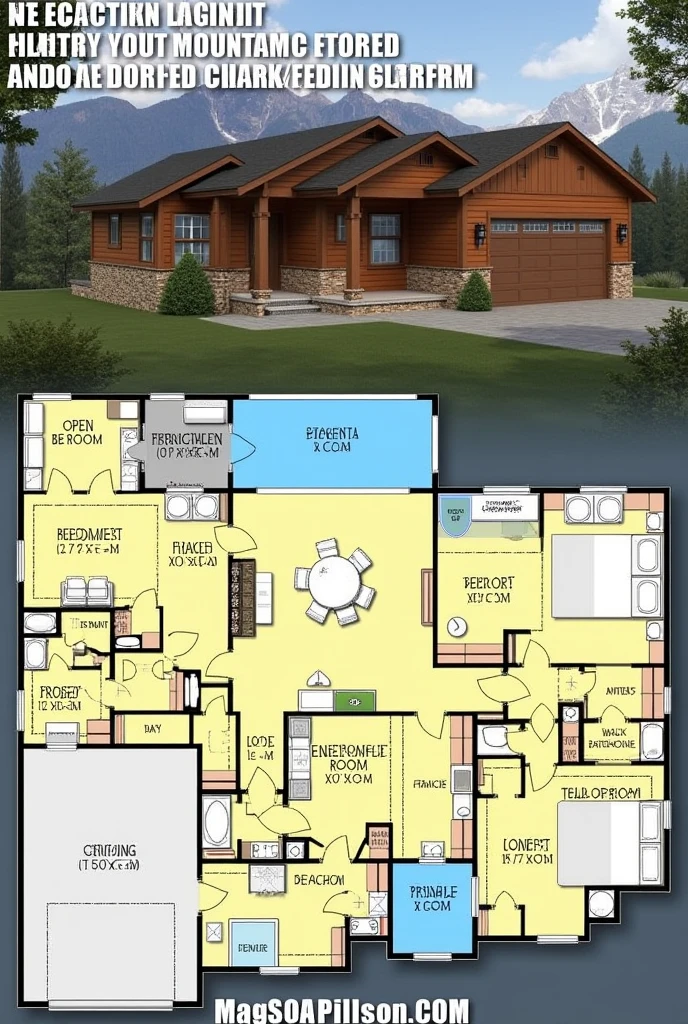 Prepare a project for a house in the mountains: 1 double bedroom with view, bathroom and closet; 1 small child's room; 1 social bathroom; living room with fireplace and view, combined with American kitchen.