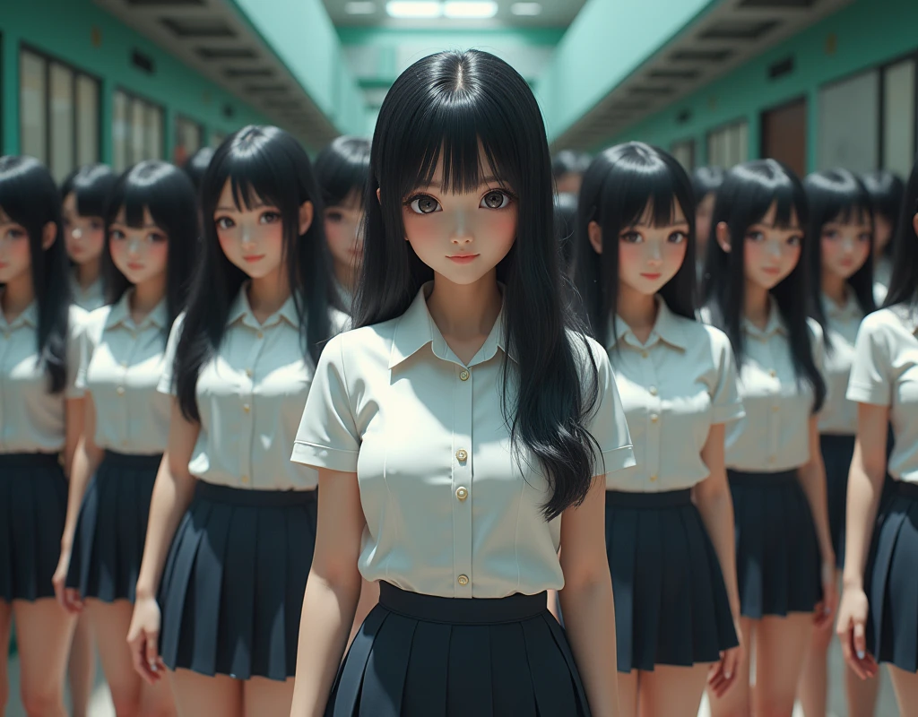 (Japanese Clone-girls=Myself), (Super Best masterpiece Clone-girls Raw Photography Art), (16K, Highest quality, Ultra-high resolution, RAW Photos), (It's so unrealistic., With unparalleled depiction, With an unfathomable sight, An unprecedented and shocking worldview, Clone-girls: In a world of mass reproduction, Ultra-realistic), (Japanese Girls, 16yo, Small face, Thick black hair, long hair, Dark Eyes, Mature face, Cute Smile, Smiling face, A gentle gaze, Very pleasant look), (Very beautiful detailed girls, Accurate body structure, Accurate body movements, Very detailed body, (Super big breasts, Large bulge of ample breasts)), (Schoolgirl uniform, Short sleeve, mini skirt, Emphasise the fullness of your breasts), (Very detailed, Myself cloning, Depiction of splitting oneself, 1Myself girl→1,000,000,000,000,000,000,000,000,000,000Myself cloning girls), (Very detailed and intricate, Myself clone-girlsから, Myself's body is multiplying, A perfectly matched depiction, (In the same female body,With the same face, With the same hairstyle, In the same clothes, At the same height, 同じSuper big breasts)), (Myself girls only), Academy, Commemorative photo, Group photo