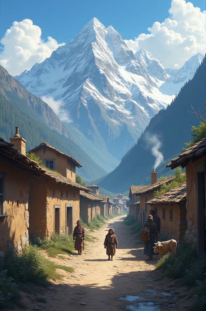 The story begins in a small, remote village nestled in the mountains. The village is portrayed as picturesque but struggling, with simple mud houses, winding dirt roads, and villagers going about their daily chores.