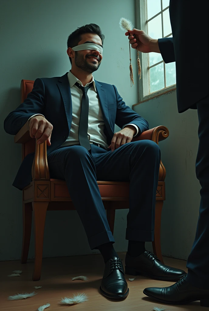 There is a handsome businessman named Zarul tangan,legs with black socks tied to a chair and eyes covered with a cloth The kidnapper held Zarul's feet with his hands and tickled Zarul's soles with chicken feathers and he laughed with amusement