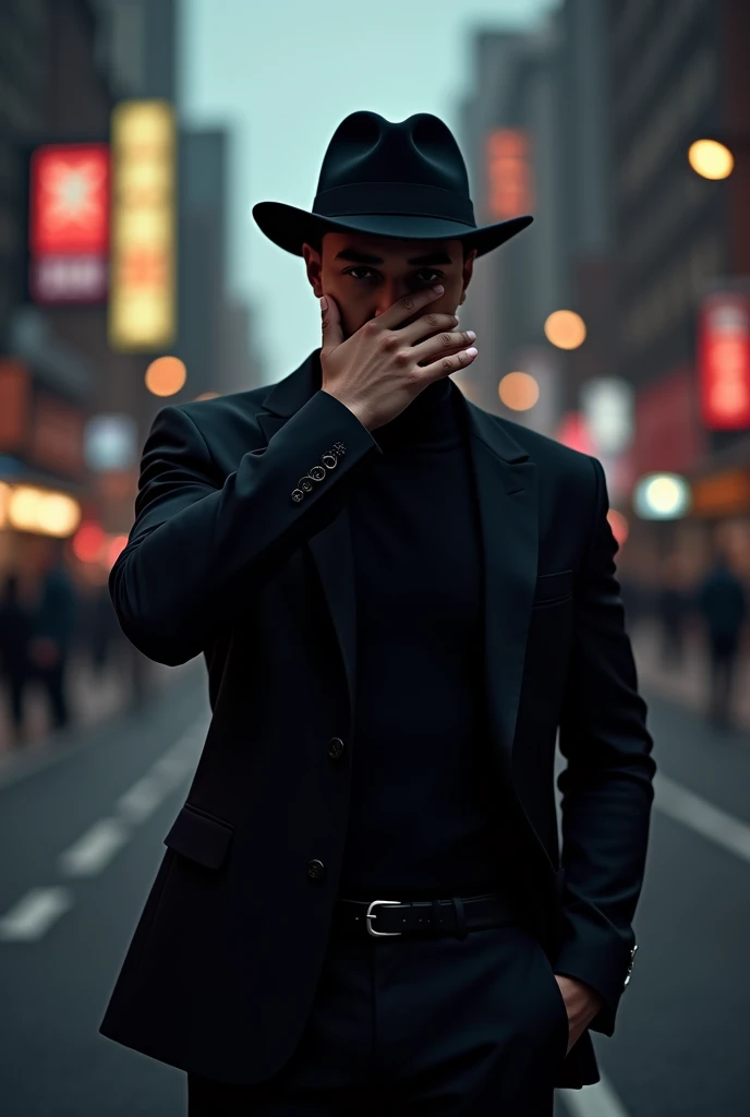 model man , posing for a photo covering his face with his hand, with black clothes , Black cap , city background