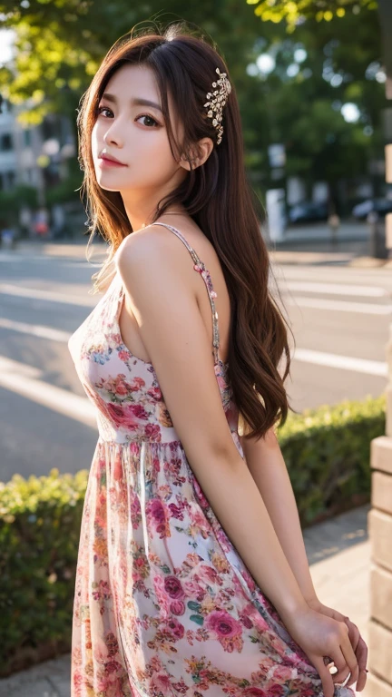 ((Highest quality, 8k, masterpiece: 1.3)), One person, Slender beauty: 1.3, (Long Hair: 1.2), Floral Dress, Long legs: 1.1, Very beautiful face, Beautiful Eyes, double eyelid, Outdoor