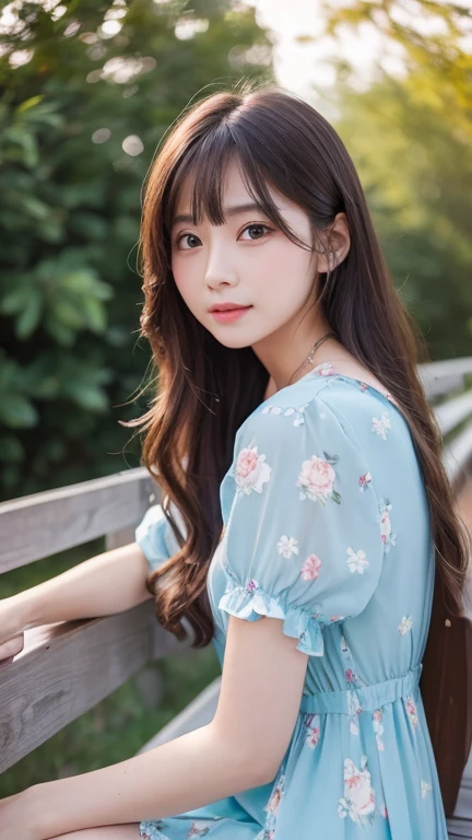 ((Highest quality, 8k, masterpiece: 1.3)), One person, Slender beauty: 1.3, (Long Hair: 1.2), Floral Dress, Long legs: 1.1, Very beautiful face, Beautiful Eyes, double eyelid, Outdoor