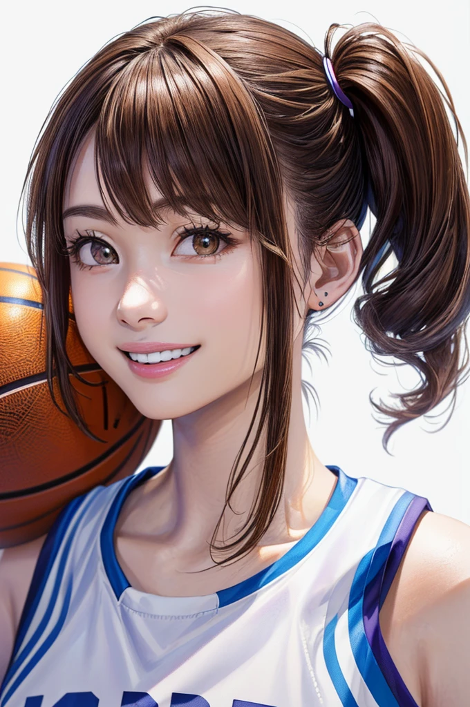 (((Frame In、Solo Shot、Pure white wall background、Highest quality、8k、32K、masterpiece)))、(Realistic)、(Realistic:1.2)、(High resolution)、Very detailed、Very beautiful face and eyes、1 person、Round and small face、Tight waist、Delicate body、(close、Highest quality、Attention to detail、Rich skin detail)、(Highest quality、8k、Oil paints:1.2)、Very detailed、(Realistic、Realistic:1.37)、Bright colors、(((Brown Hair)))、(((Brown hair)))、(((Side Ponytail)))、(((Cowboy Shot)))、(((Bob Hair)))、(((The bangs are uniform)))、(((Pure white wall background)))、(((Wearing a basketball uniform)))、(((purple basketball outfit)))、(((A refreshing smile)))、(((1 female)))、(((Tank top style uniform)))、