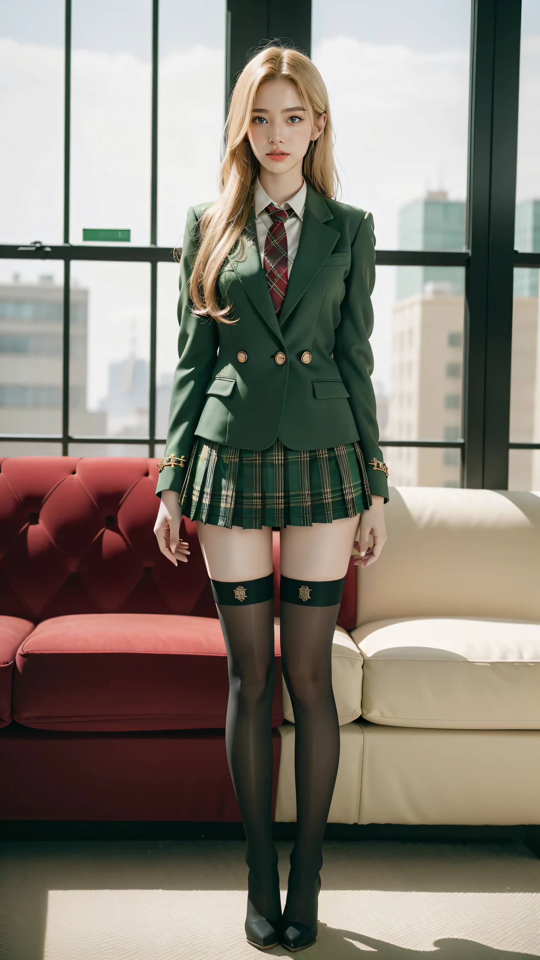 UHD,8K,RAW,girlvn01, 1girl,school,Stunningly Beautiful Girl,green suit,Epaulette, pleated plaid green skirt,plaid red necktie, Long shaped face,Sandy Blonde side-swept hair,standing ,black stocking ,sofa,student boots high heels,full body,