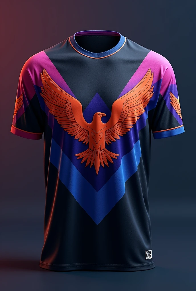 make an atlanta sports shirt with the eagle ,with pink color details ,orange ,roxa ,blue with black base ,with some details on the sleeve and back of the shirt ,make more minimalist details with a predominant blue 