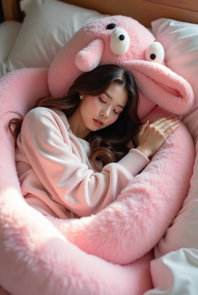 A beautiful brunette is wrapped entirely by a huge pink worm plushie. the plushie is coiling around her body. She is wearing a bunny Kigurumi costume lying in bed surrounded by the huge plushie. the plushie is quite large and fluffy, occupying a significant portion of the image.