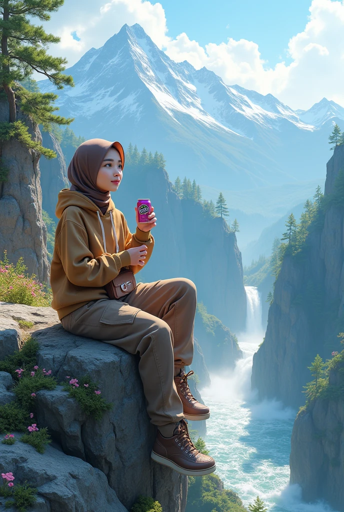 Beautiful Korean girl with smooth white skin, well-groomed face, thin smile, brown hijab, hoodie, pink fanta, decorated with tree and waterfall motifs, brown cargo pants, cool watch. Sitting pose, at the top of a very high mountain, under a clear sky, while carrying a camera, with very beautiful detailed views, the background is visible from above, the river flows fast from the waterfall..., a remote mountain,)(there are clouds beautiful), snow-covered cliffs) and beautiful flowers, original and realistic photos