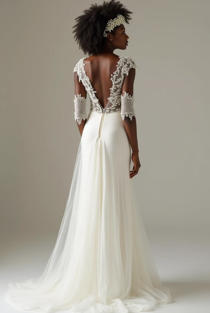 The body of the dress is ivory silk. The model has breasts and hips. Remake the dress so the skirt of the dress is in silk. Woman’s measurement is
Hips :41
Bust: 36
Waist: 29
Height: 5’3
The gloves stop at the elbow
Create an Ivory Silk wedding dress cut on bias in a column style. It has a plunging neckline with beaded mesh tulle on the bodice area going up to tie around the nape of the neck in a 3D flower. The back is bare up to the waist. There is a small train. The train is inserted under the silk dress and it is the same fabric as the beaded mesh tulle on the bodice. The gloves are also the same fabric as the beaded tulle in a lightweight mesh. The woman wearing the dress is black, dark skin, 5’3, but with slight curves. Her hair is in a coily Afro and she has a flower crown made of baby’s breath