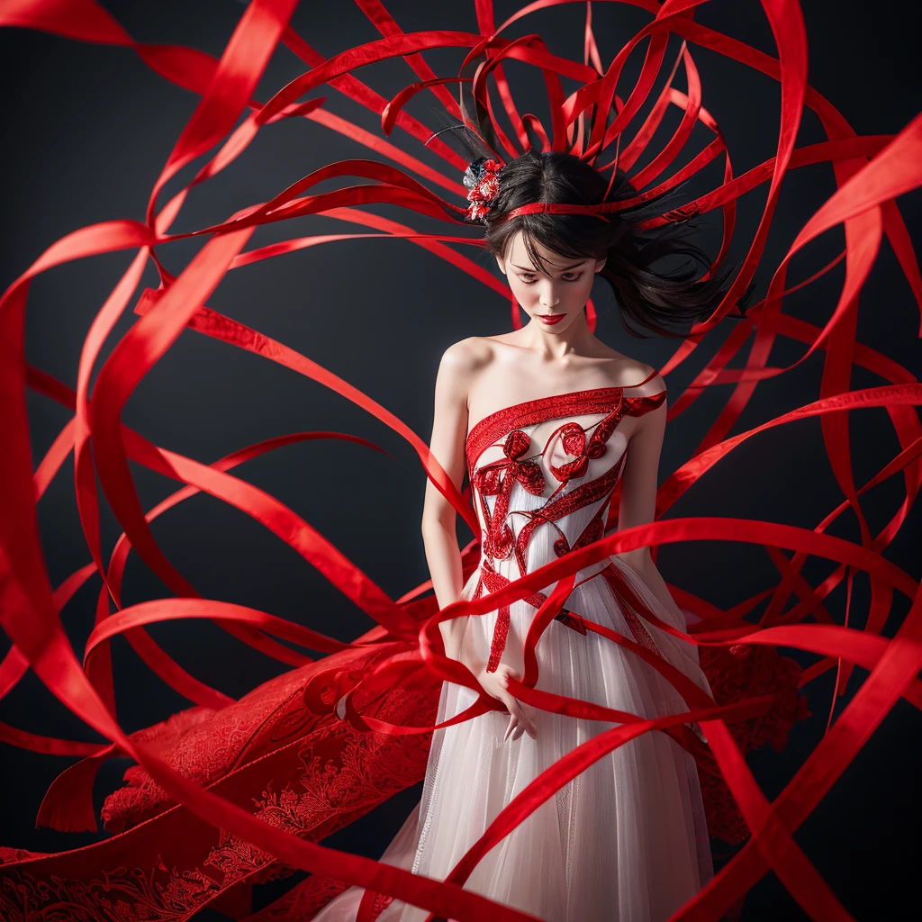 arafed woman in a dress with red ribbons around her, adrian borda, inspired by Igor Morski, photography alexey kurylev, photography alexey gurylev, takato yomamoto. 4 k, laces and ribbons, fine art fashion photography, red ribbon, sylvain sarrailh and igor morski, chinese ribbon dance, ribbons