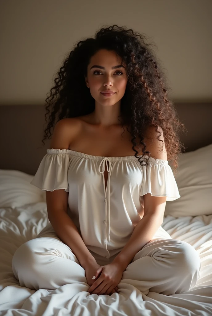 (photorealism:1.2), beautiful chunky woman, sitting on bed, wearing loose off-shoulder top, pajama pants, long curly hair