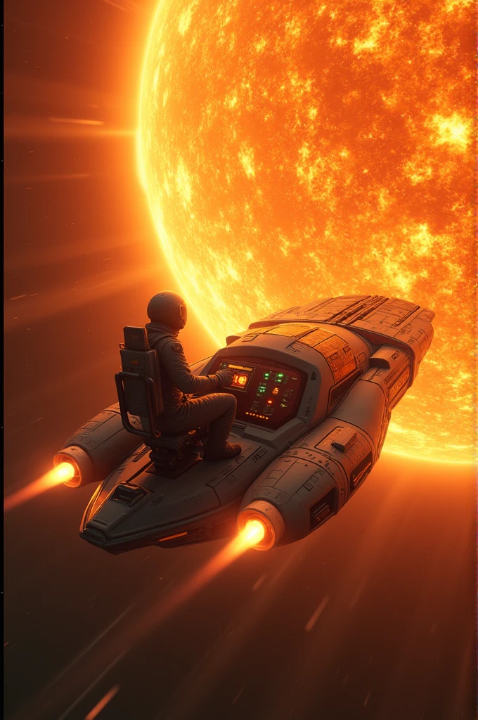 A man passing closely to the sun in a advanced launcher 
