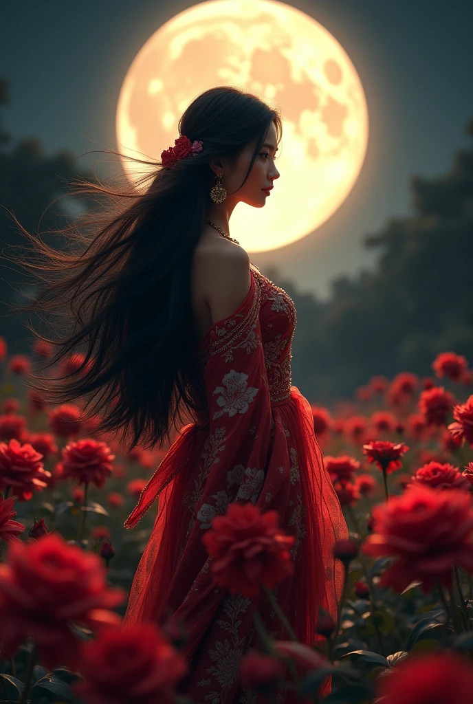 A black-haired woman in a Thai dress stands in the middle of red roses with a full moon.