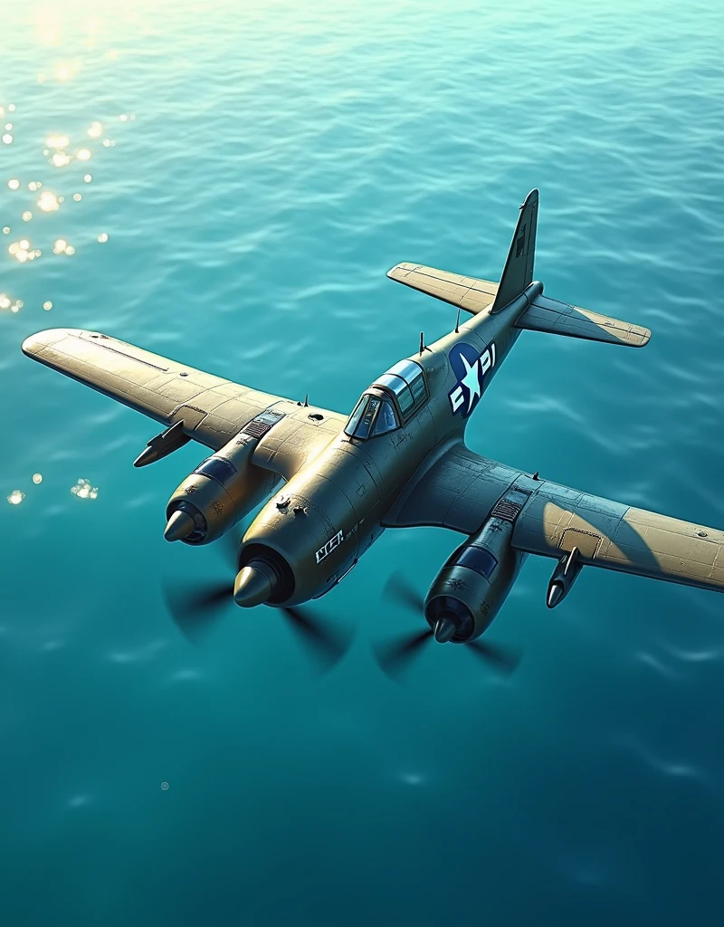 a WWII military fighter aircraft flying over a beautiful, crystal clear ocean, cinematic angle, dramatic lighting, highly detailed, photorealistic, 8k, HDR, dynamic composition, vibrant colors, sharp focus, physically-based rendering