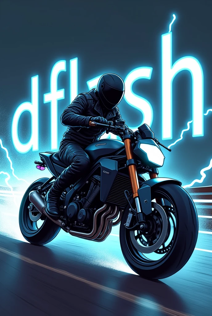 Create an image of a motorcycle courier with black clothes and in the background of the image with this name in the background of the image DFLASH cartoonized the image full of lightning I want a dark cartoon