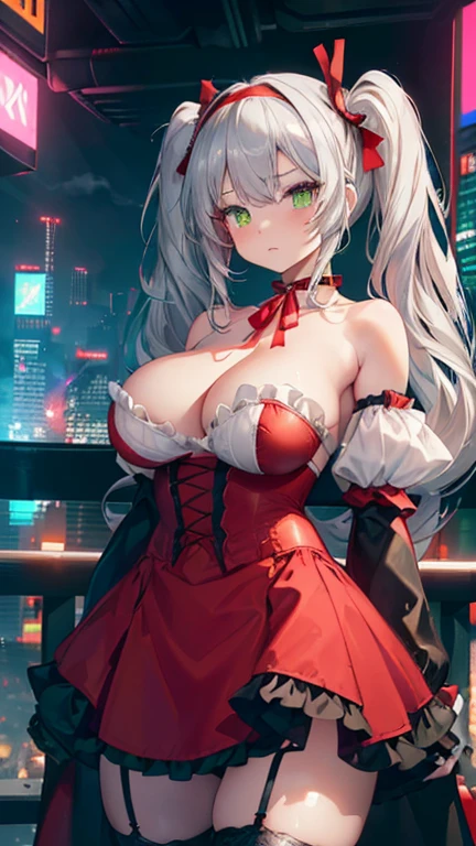 ((1girl)),Very detailed,High resolution,4K,8k,masterpiece,High resolution,((Anatomically correct number of limbs),(Anatomically correct number of fingers)), ((cowboy shot),(silver hair, long twintails), (gothic ta,),(heterochromia,(red eya,green eye), garter belt,hairband, red ribbon,black choker, bare shoulders, red dress, red bow, detached sleeves),(shiny),((big breasts),beautiful breasts,curvy),(Late Night,Cyberpunk cityscape,Vibrant neon glow)