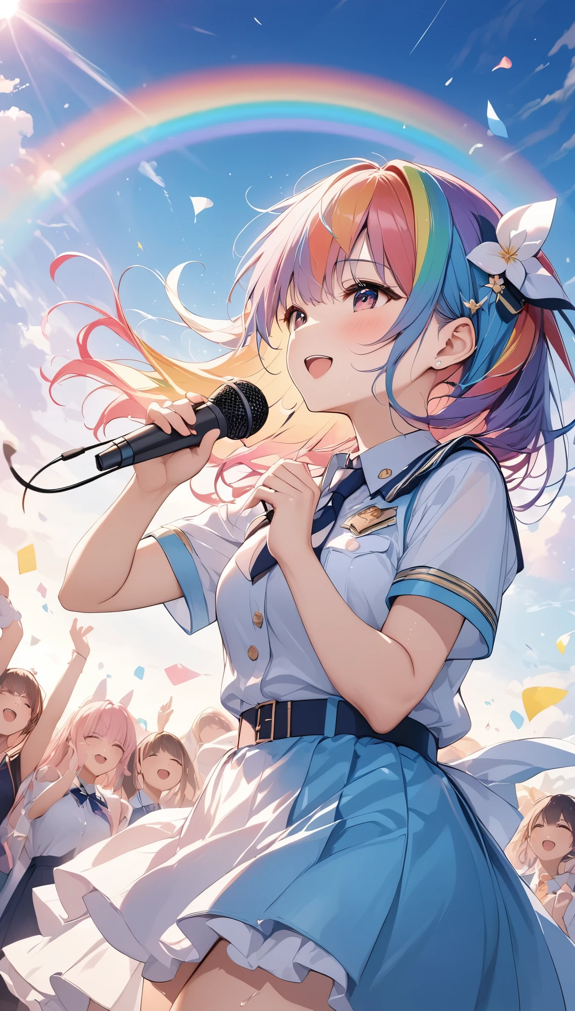 Highest quality、Highest quality、Ultra-detailed、(masterpiece:1.2),Very absurd、4K,8k,Idols singing in front of an audience、Outdoor Live Venues、Clear sky、A rainbow in the sky、Uniform-like outfit、Hold the microphone in your right hand、Left hand wide open、hisui、rainbow hair、cute、Sing happily、Sweat gushing forth、profile、、rainbow、Sparkling effects