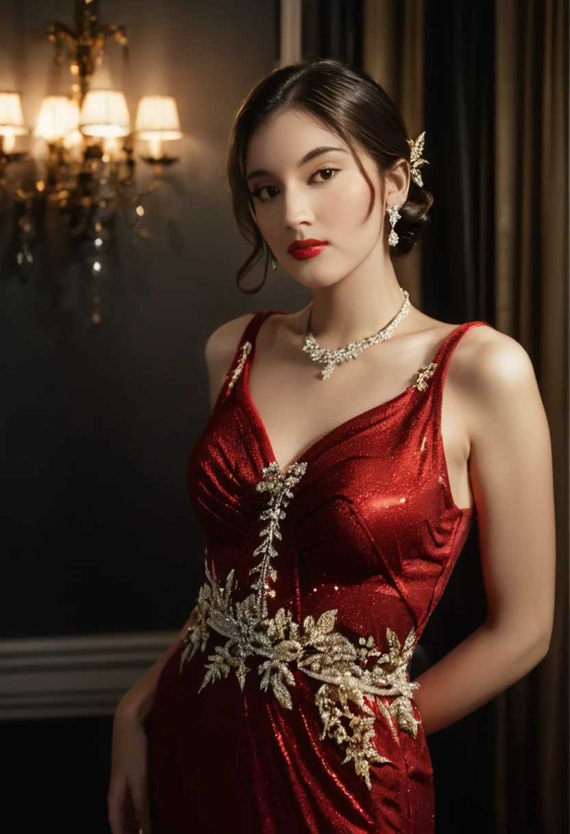Classic Hollywood glamour, girl in a stunning red evening gown, dazzling accessories, (captivating eyes, red lips, flawless skin), luxurious backdrop, velvet curtains, dramatic pose, interesting composition, spotlight illumination, rich shadows, shallow depth of field, sparkling bokeh, exquisite details, high-resolution, 35mm film, timeless elegance. portrait photography, 35mm film, natural blurry