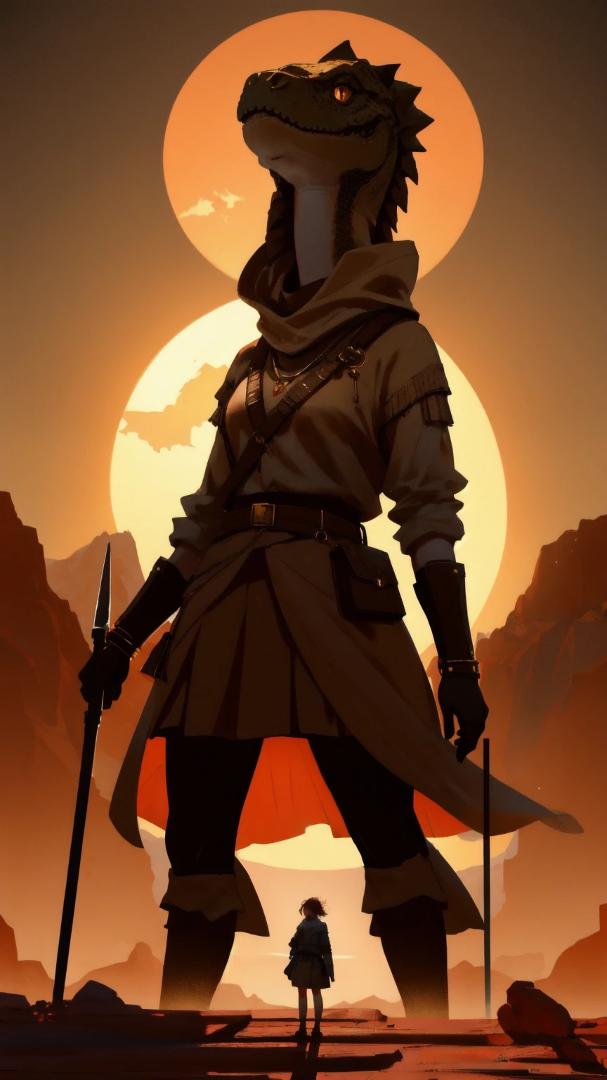 OG Crypto Dinosaur in a brown background: A beautiful, cute girl dressed as a fierce, ancient warrior, standing in a vast, rocky desert. The ground is cracked, and large Bitcoin coins are partially buried beneath the surface, hinting at an ancient crypto civilization. The brown, earthy tones of the background, combined with the intense glow of the setting sun, create a mystical, prehistoric atmosphere. The girl, holding a spear, stands tall and powerful, embodying the spirit of the 'OG Crypto Dinosaur' with a modern twist.