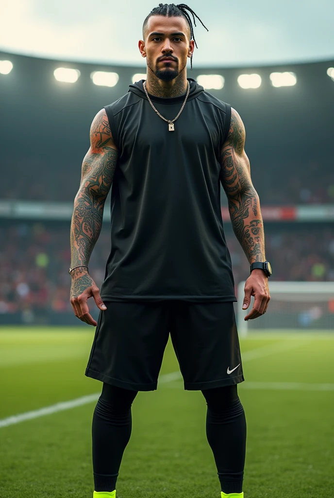 Young 2 sexy Rudo gangster with black hair shaved on the sides with braids brown eyes thick lips athletic body masculine energy and sexy defined chin short trimmed beard colored tattoo marked biceps wears Homme in black color Muslim style is a PSG soccer player wears PSG sportswear fluorescent green Nike Mercury sneakers is in a stadium, full body training pose