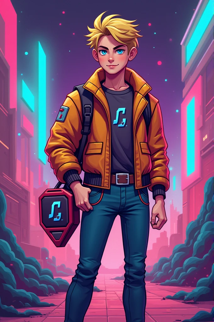 blonde male character carrying a logo with the initials "J" and "C", retro video game themes