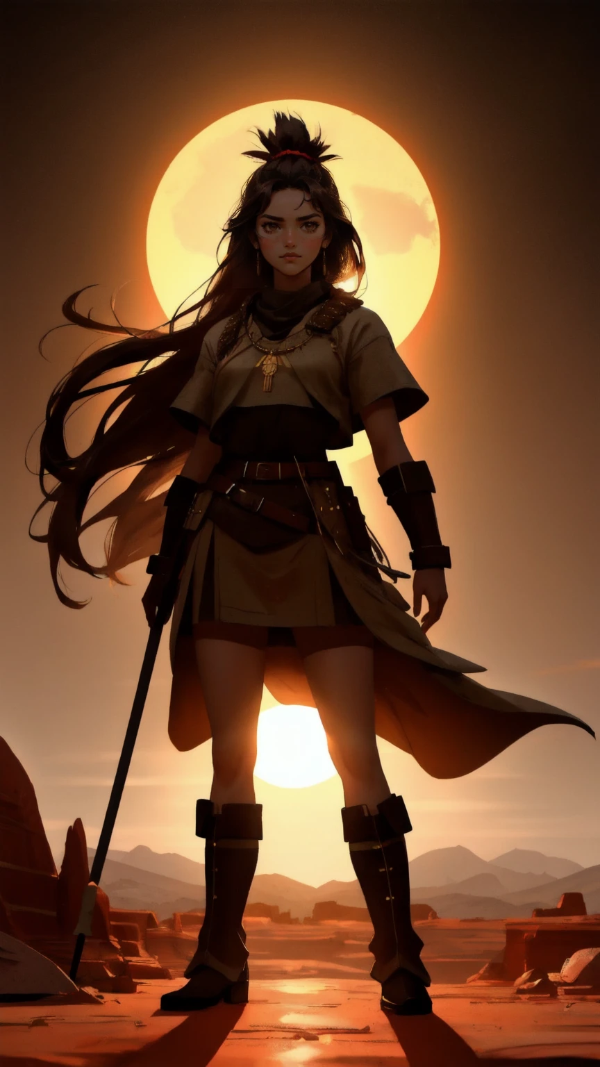 OG Crypto Dinosaur in a brown background: A beautiful, cute girl dressed as a fierce, ancient warrior, standing in a vast, rocky desert. The ground is cracked, and large Bitcoin coins are partially buried beneath the surface, hinting at an ancient crypto civilization. The brown, earthy tones of the background, combined with the intense glow of the setting sun, create a mystical, prehistoric atmosphere. The girl, holding a spear, stands tall and powerful, embodying the spirit of the 'OG Crypto Dinosaur' with a modern twist.