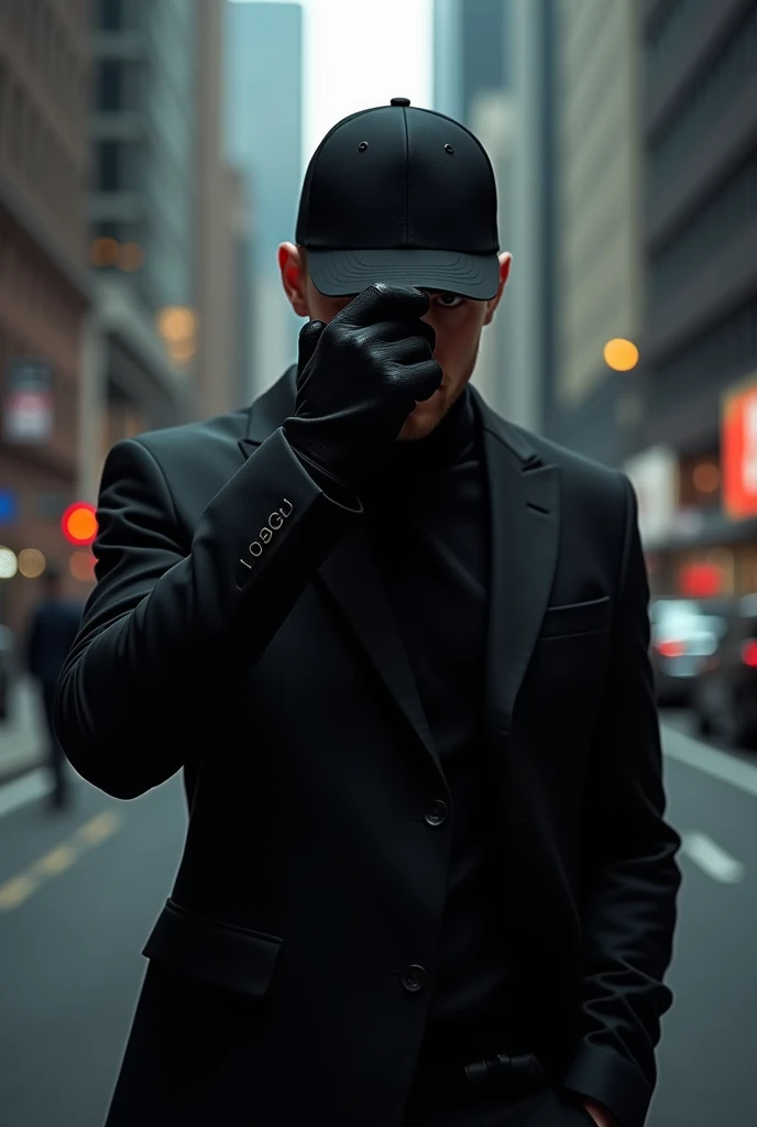 model man , posing for a photo covering his face with his hand, with black clothes , Black cap , city background
