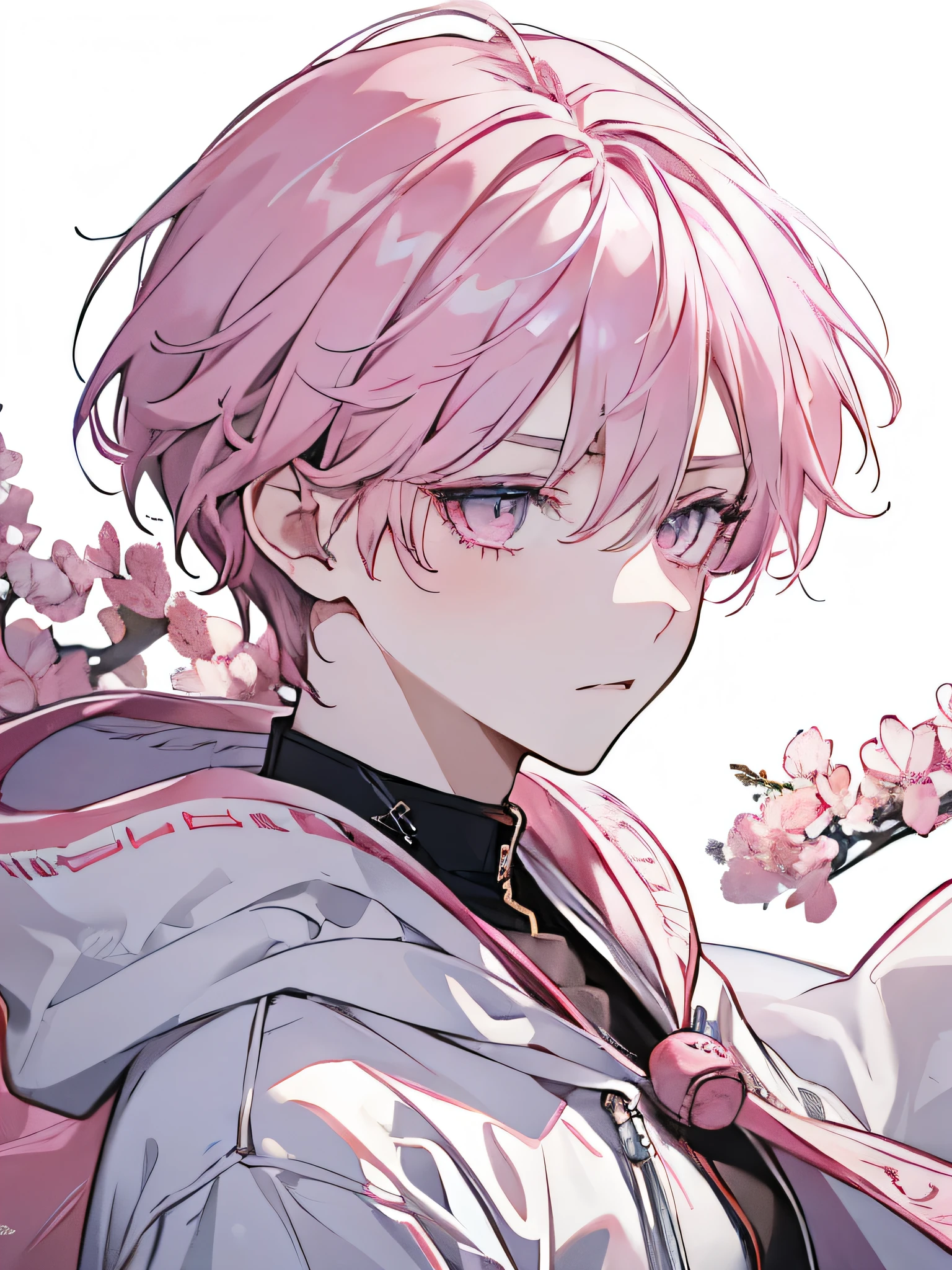 juvenile,male,high quality:1.3,Perfect image:1.3,Beautiful images:1.3,Key Anime Art,ID Photo,White background,Pink Hair,Pink Eyes,fluffy,Chewy,Loose,hoodie,Facing forward,Stand up straight