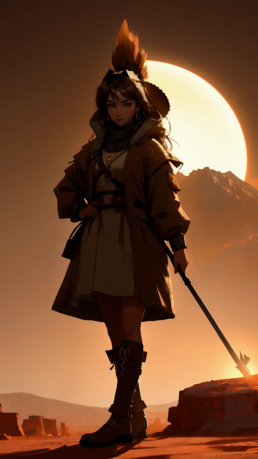 OG Crypto Dinosaur in a brown background: A beautiful, cute girl dressed as a fierce, ancient warrior, standing in a vast, rocky desert. The ground is cracked, and large Bitcoin coins are partially buried beneath the surface, hinting at an ancient crypto civilization. The brown, earthy tones of the background, combined with the intense glow of the setting sun, create a mystical, prehistoric atmosphere. The girl, holding a spear, stands tall and powerful, embodying the spirit of the 'OG Crypto Dinosaur' with a modern twist.