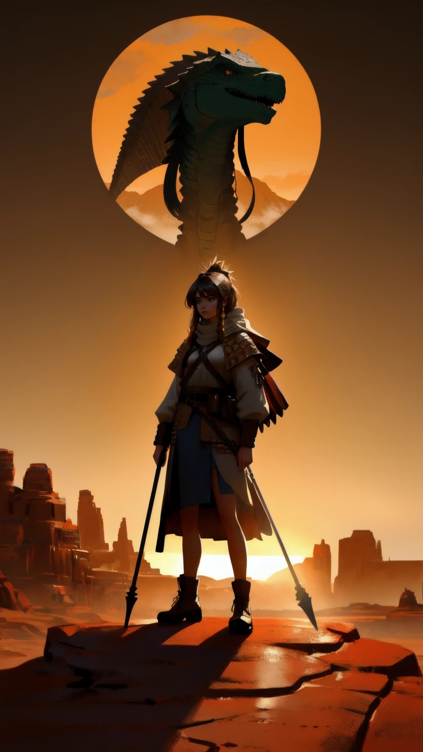 OG Crypto Dinosaur in a brown background: A beautiful, cute girl dressed as a fierce, ancient warrior, standing in a vast, rocky desert. The ground is cracked, and large Bitcoin coins are partially buried beneath the surface, hinting at an ancient crypto civilization. The brown, earthy tones of the background, combined with the intense glow of the setting sun, create a mystical, prehistoric atmosphere. The girl, holding a spear, stands tall and powerful, embodying the spirit of the 'OG Crypto Dinosaur' with a modern twist.