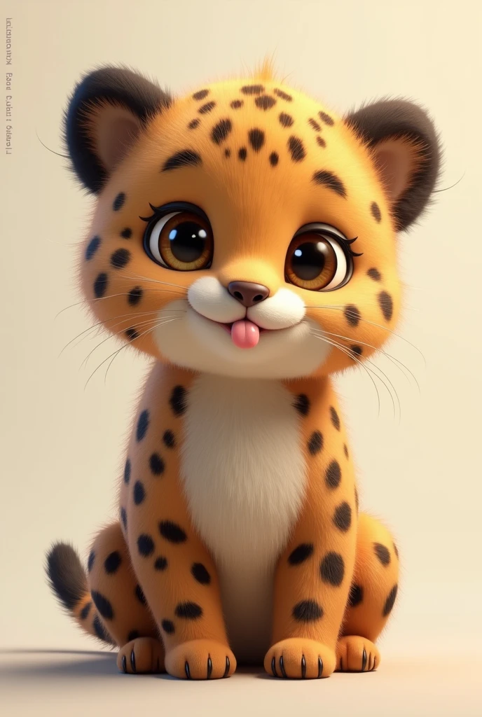 Create a charming, hyper-realistic image of a cute bear cub with features blended with those of a jaguar. The cub's face should have the softness and roundness of a bear, but with the striking spotted pattern of a jaguar across its fur. The fur should look fluffy and silky, with a realistic texture that invites touch. The cub has an expressive, playful look, with big, warm eyes and a little smile as it playfully blows a kiss. The background should be light and simple, ensuring all attention is on the adorable, charming bear-jaguar hybrid.