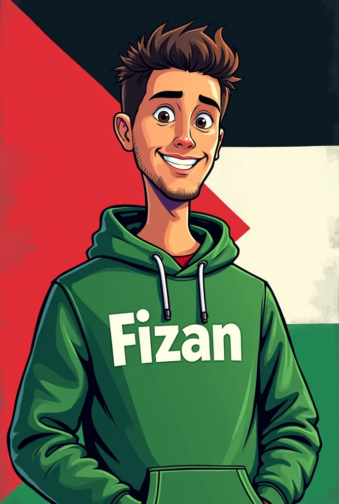 A poster with the name Fizan written on his shirt. A cartoon man in a green hoodie with a Palestine flag background 