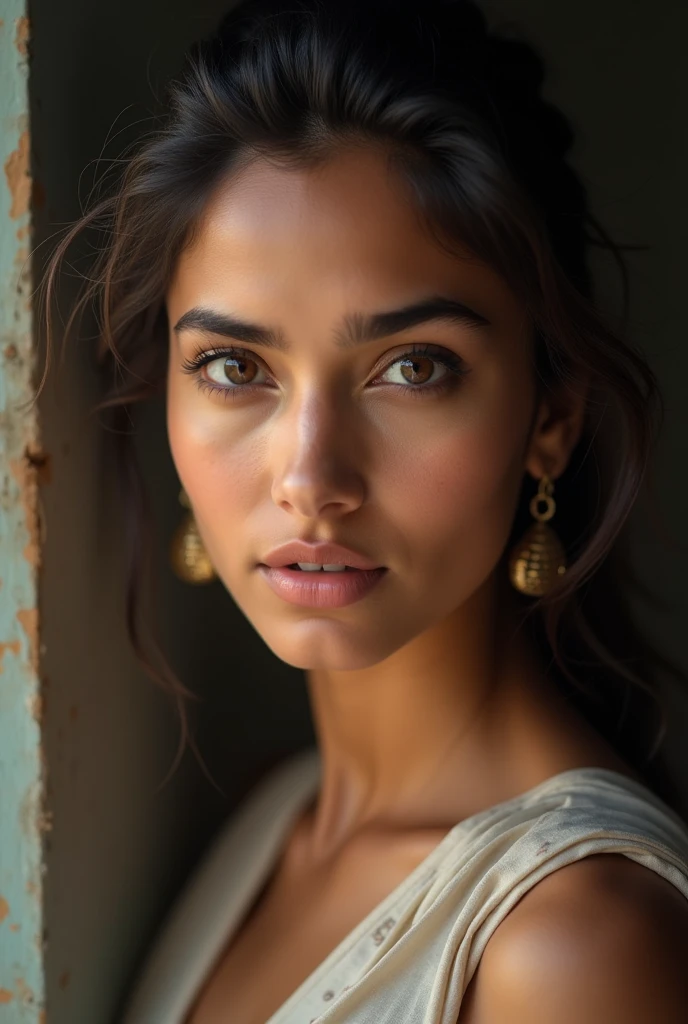 There is a young, Beautiful indian woman, who looks to the future like Katrina Kaif. She stands there and looks into the camera, a portrait from raw photo.