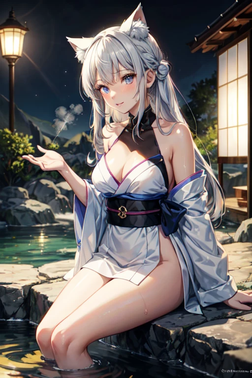 Anime girl with long ashen hair and colorful eyes in a japanese hot spring., Girl with ashen hair, 1K anime style, anime art wallpaper 2k, anime art wallpaper 2k, anime art wallpaper 2k, beautiful animated portrait, beautiful anime girl, 2k anime wallpaper, anime girl portrait, beautiful anime woman, shy girl, cat ears, hot spring, sparkly water, steam, relaxing on some rocks