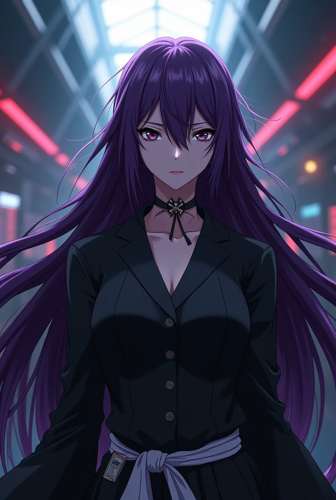 (Best quality) (detailed) Yoruichi Shihouin from bleach anime , anime, long purple hair, black face, ultra detailed face,, relaxed pose,sci fi ,cgi ,horror,   cinematic,