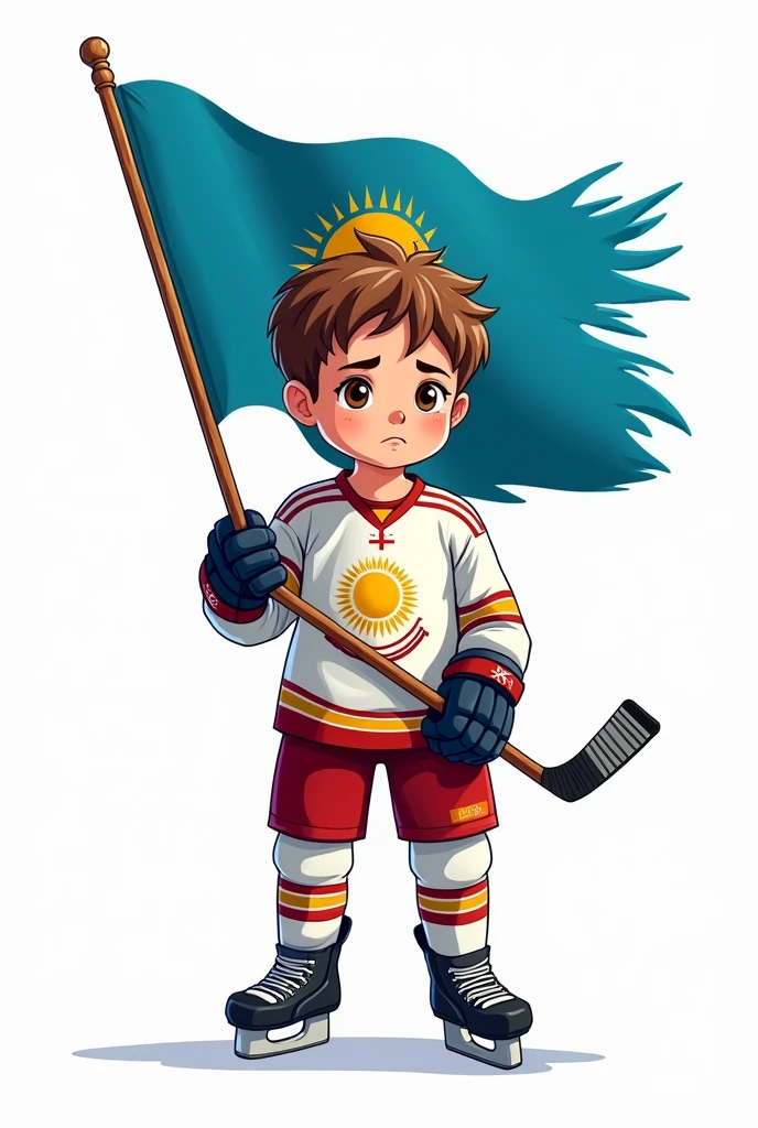 ((officially)) ((masterpiece)) ((Best quality)) ((detailed)) cartoon boy player in uniform with emblem flag of Kazakhstan in hand stick in full growth on white background