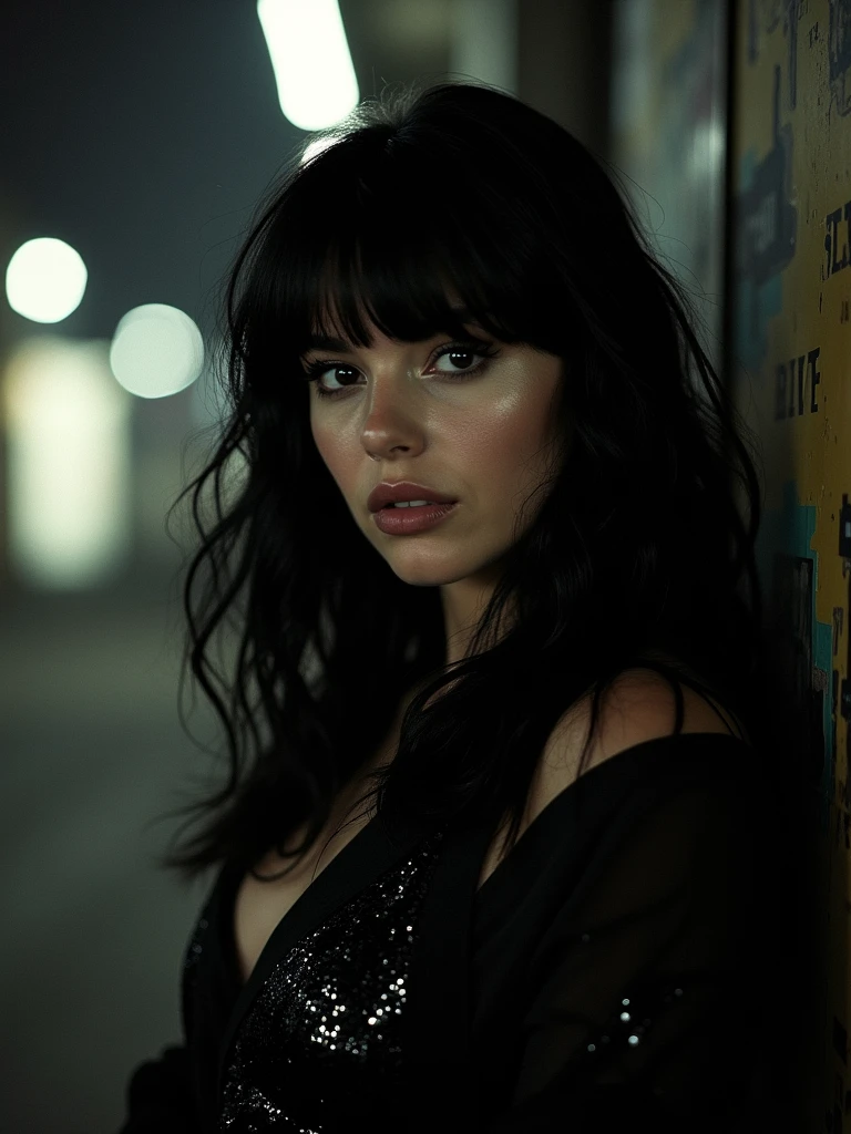 cinematic fashion editorial, shot on 35mm film: Vogue. NoirGlam: Sequins meet urban grit. LightContrast: Shadows and highlights in intimate dialogue. EdgeTension: curvy woman black hair stares, unspoken stories. SmokeWhisper: Cigarette haze, piercing gaze. Film Stock: Ilford HP5 Plus captures, monochrome intensity, high-contrast allure.   200  - negative prompt: flat , (:1.5),verybadimagenegative_v1.3, ng_deepnegative_v1_75t, (ugly face:0.8),cross-eyed,sketches, (worst quality:2), (low quality:2), (normal quality:2), lowres, normal quality, ((monochrome)), ((grayscale)), skin spots, acnes, skin blemishes, bad , DeepNegative, facing away, tilted head, {Multiple people}, lowres, bad , bad hands, text, error, missing fingers, extra digit, fewer digits, cropped, worstquality, low quality, normal quality, jpegartifacts, signature, watermark, username, blurry, bad feet, cropped, poorly drawn hands, poorly drawn face, mutation, deformed, worst quality, low quality, normal quality, jpeg artifacts, signature, watermark, extra fingers, fewer digits, extra limbs, extra arms,extra legs, malformed limbs, fused fingers, too many fingers, long neck, cross-eyed,mutated hands, polar lowres, bad body, bad proportions, gross proportions, text, error, missing fingers, missing arms, missing legs, extra digit, extra arms, extra leg, extra foot, ((repeating hair))