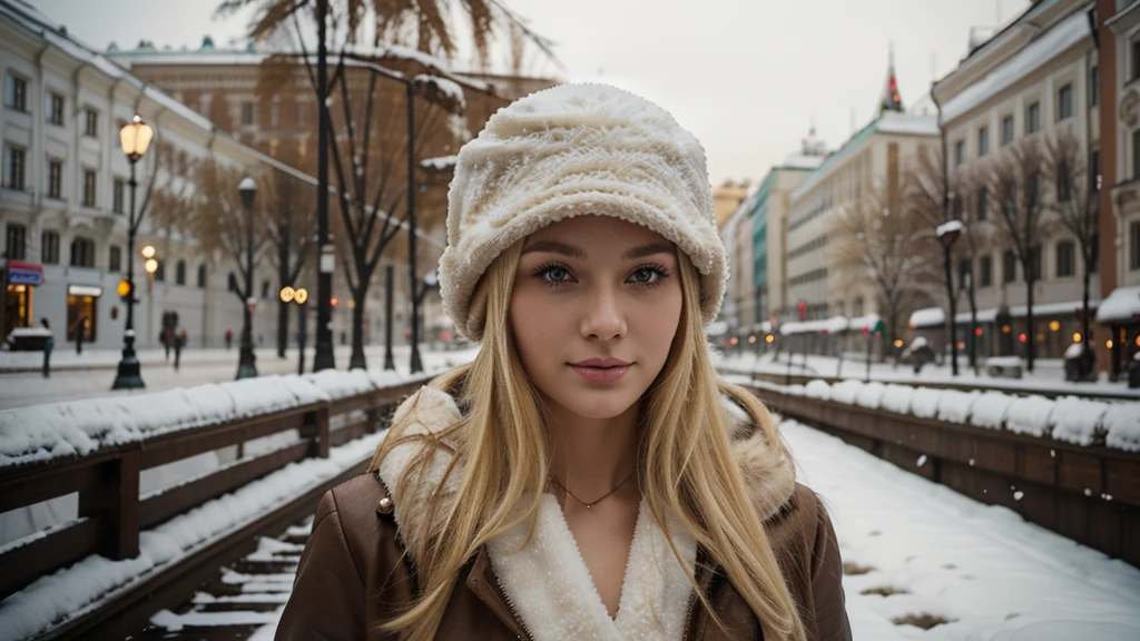 Russian woman, blonde, in an Ushanka hat capturing the beauty and scenery of Moscow, showing their natural charm and outgoing personality. 4k, cinematic, realistic