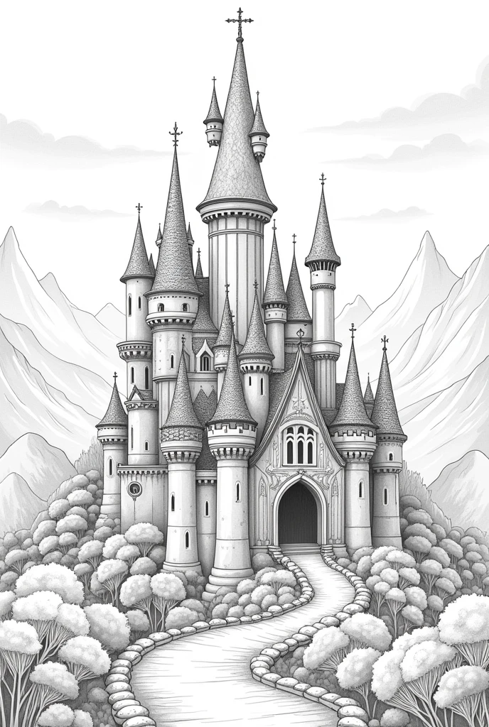 Fairytale magical castle, black and white as coloring page