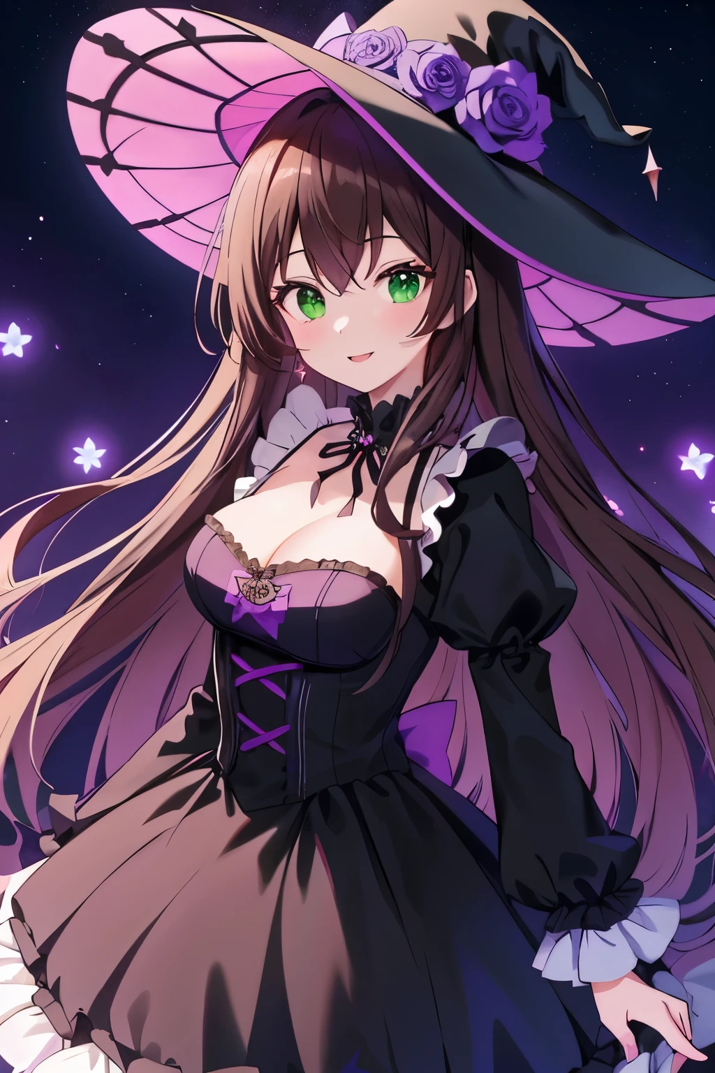 ((masterpiece, Highest quality, High resolution, 超High resolution, Pixel perfect, Written boundary depth, 4K, RTTX 10.0, High resolution))), 1 person, single, alone, Beautiful Anime, Beautiful art style, Anime characters, ((Shortcuts, bangs, Dark brown hair)), ((Green Eyes:1.4, Round eyes, Beautiful eyelashes, current eyes)), ((Smooth texture:0.75, Anime CG style)), ((Dynamic Angle, close)), Perfect body, (cute), Normal chest, whole body, ((4K, 8k, Highest quality, Perfect Fingers: 1.3, Perfect Anatomy: 1.3, Background Blur)), whole bodyアングル, Illustration of a witch wearing a costume with lots of frills, The character is wearing a gorgeous frilly dress.、Wearing a gothic witch hat, The dress is based on black and purple.、Pink and white ribbons and lace are used as accents., She has a lovely smile、There is a mysterious light in her eyes that is typical of a witch., The background features a night sky and magical symbols.、The overall atmosphere is gothic and fantastical.