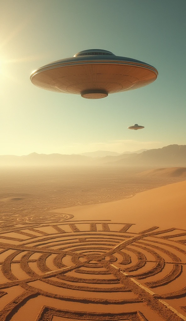 A theory depicting a UFO hovering over the Nazca Lines, cinematic quality, ultra-realistic