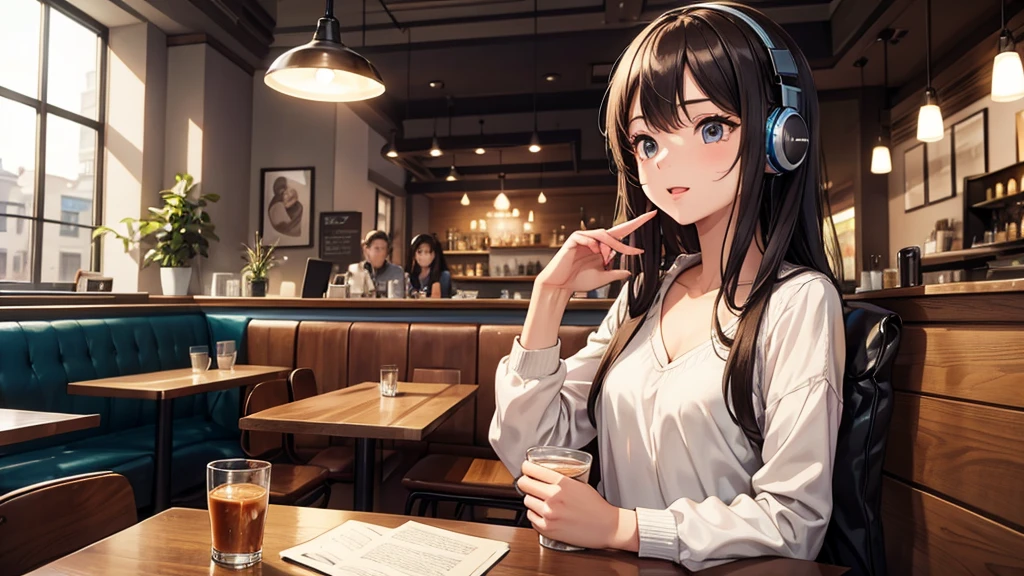 Girl with headphones enjoying music in a cafe　I am studying　Emphasize a little bit of the chest