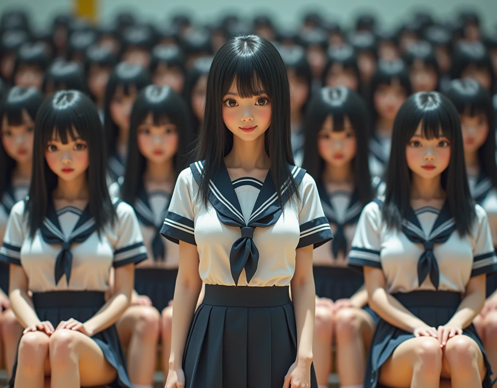 (Japanese Clone-girls=Myself), (Super Best masterpiece Clone-girls Raw Photography Art), (16K, Highest quality, Ultra-high resolution, RAW Photos), (It's so unrealistic., With unparalleled depiction, With an unfathomable sight, An unprecedented and shocking worldview, Clone-girls: In a world of mass reproduction, Ultra-realistic), (Japanese Girls, 16yo, Small face, Thick black hair, long hair, Dark Eyes, Mature face, Cute Smile, Smiling face, A gentle gaze, Very pleasant look), (Very beautiful detailed girls, Accurate body structure, Accurate body movements, Very detailed body, (Super big breasts, Large bulge of ample breasts)), (Schoolgirl uniform, Short sleeve, mini skirt, Emphasise the fullness of your breasts), (Very detailed, Myself cloning, Depiction of splitting oneself, 1Myself girl→1,000,000,000,000,000,000,000,000,000,000Myself cloning girls), (Very detailed and intricate, Myself clone-girlsから, Myself's body is multiplying, A perfectly matched depiction, (In the same female body,With the same face, With the same hairstyle, In the same clothes, At the same height, 同じSuper big breasts)), (Myself girls only), Academy, gym, stage, Commemorative photo, Group photo