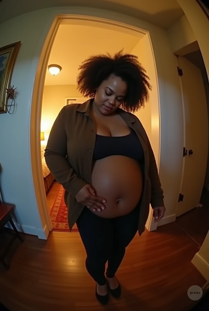 Your POV view when Cardi B's pregnant plus size stepmother approaches you at home. HD, cinematic, Photorealistic, fisheye camera view, iphone camera style.