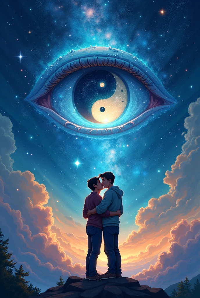 Create me a good book cover like the background is a some sort of the universe and in between or in any part, there is a big mysterious eye, and inside that eye, there is the symbol yinyang, and create a two men below the eye show that they are really In love Make it fantasy vibes and make it simple but artistic , emphasize the yinyang on the eye. Make it more cartoonish and make the book cover like a beginner but have a experience on art