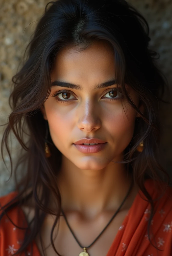 There is a young, Beautiful indian woman, who looks to the future like Katrina Kaif. She stands there and looks into the camera, a portrait from raw photo. 