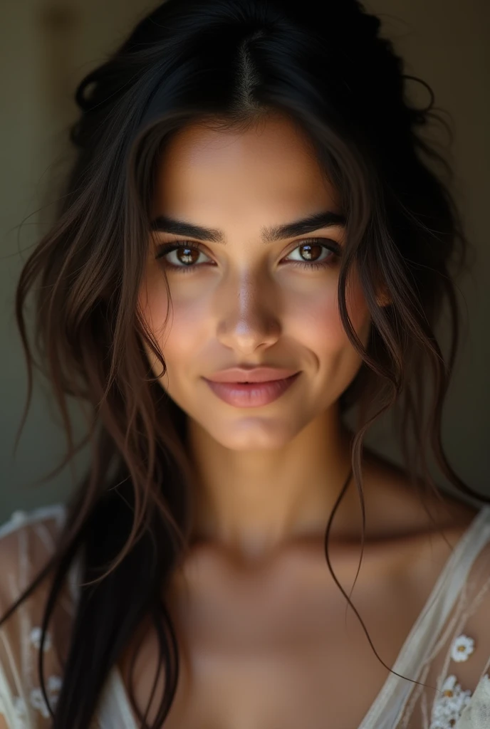 There is a young, Beautiful indian woman, who looks to the future like Katrina Kaif. She stands there and looks into the camera, a portrait from raw photo.