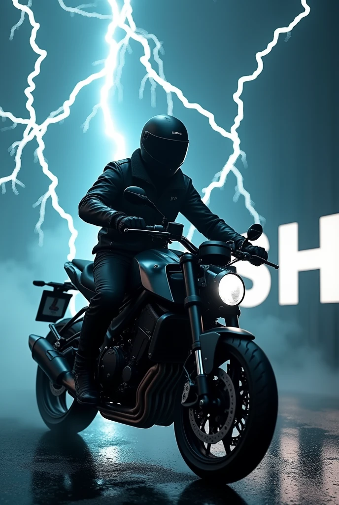 Create an image of a motorcycle courier with black clothes and in the background of the image with that name in the background of the image DFLASH the image full of lightning bolts
