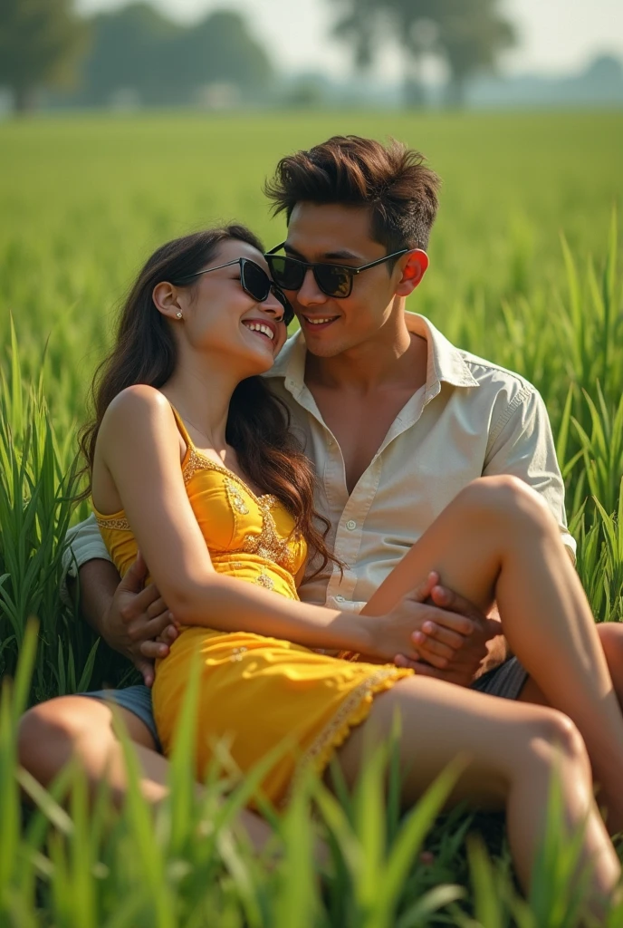 Beautiful boy and girl 1 are eating jute inside, both boy and girl are wearing sunglasses and playing in the nearby rice seedling trees.    Girl in yellow dress with intricate patterns lying on boy's lap laughing happily and kicking one leg.  A boy in a white shirt and casually cuffed ripped jeans puts his hand on the girl's leg.  laughing  
  The girl is seen touching her vagina and vagina.  The background reveals a wide field under the vegetation field, 34K Ultra