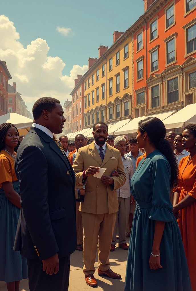 An official release ceremony in a public square, where local authorities, including black leaders, are freeing slaves. The crowd around applauds and celebrates the milestone in the history of abolition and the country's independence..